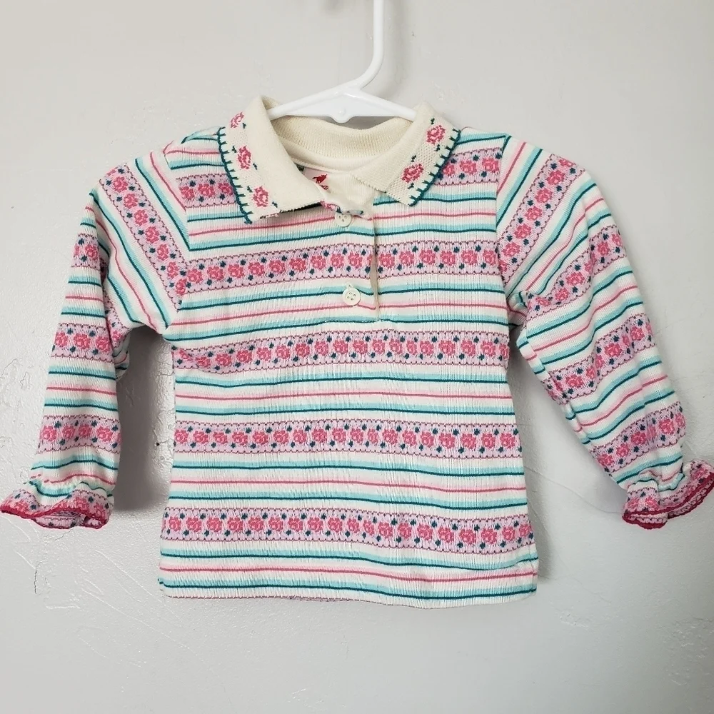 Wrangler Vintage Baby Girl 12 Months Long Sleeve Shirt Pink Blue Striped Floral - Picture 1 of 7